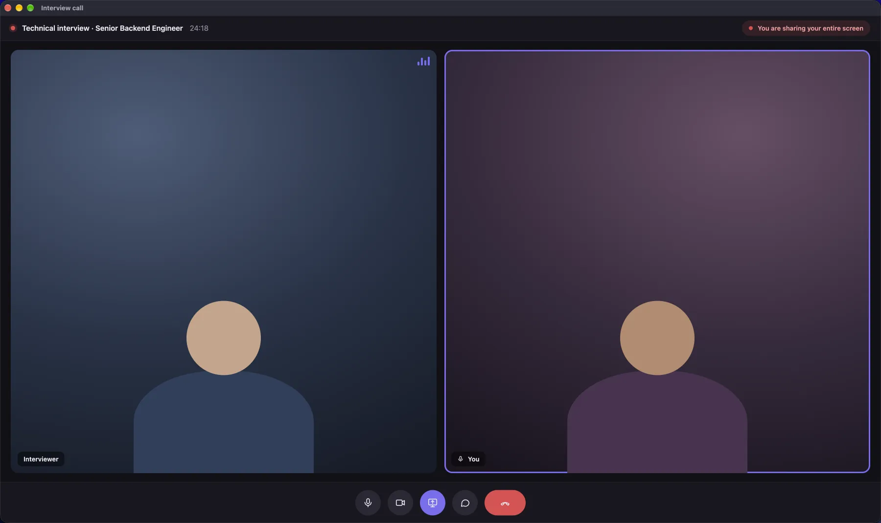 A video interview: the interviewer and you, with your entire screen being shared