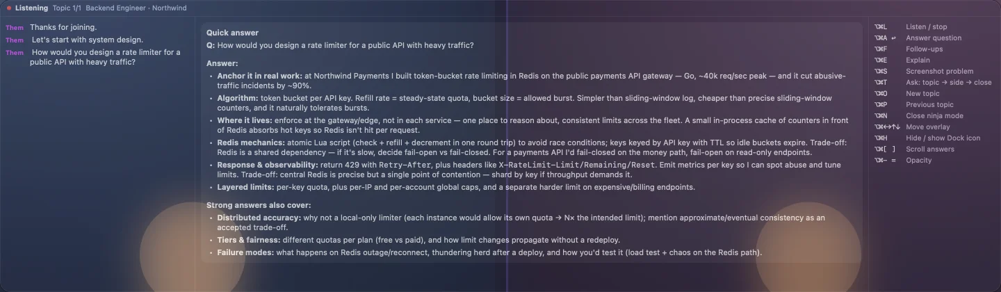 Hana's ninja mode overlay over the call: the live transcript, a quick answer about designing a rate limiter drawn from the resume, and the hotkey list