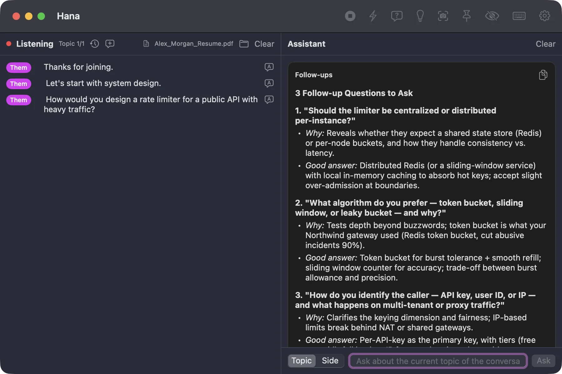 Hana's main window with three suggested follow-up questions about the rate limiter design, each with why to ask it and what a good answer sounds like