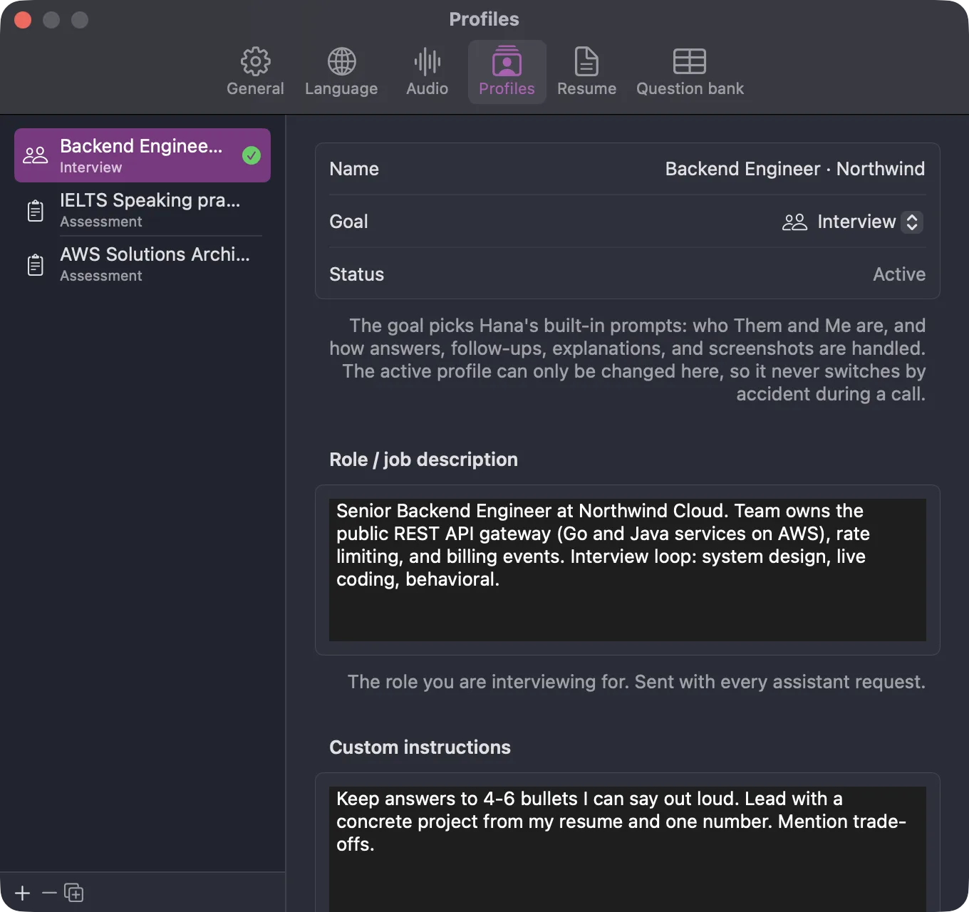Hana's Profiles settings: a Backend Engineer interview profile with its job description and custom instructions, plus IELTS and AWS assessment profiles